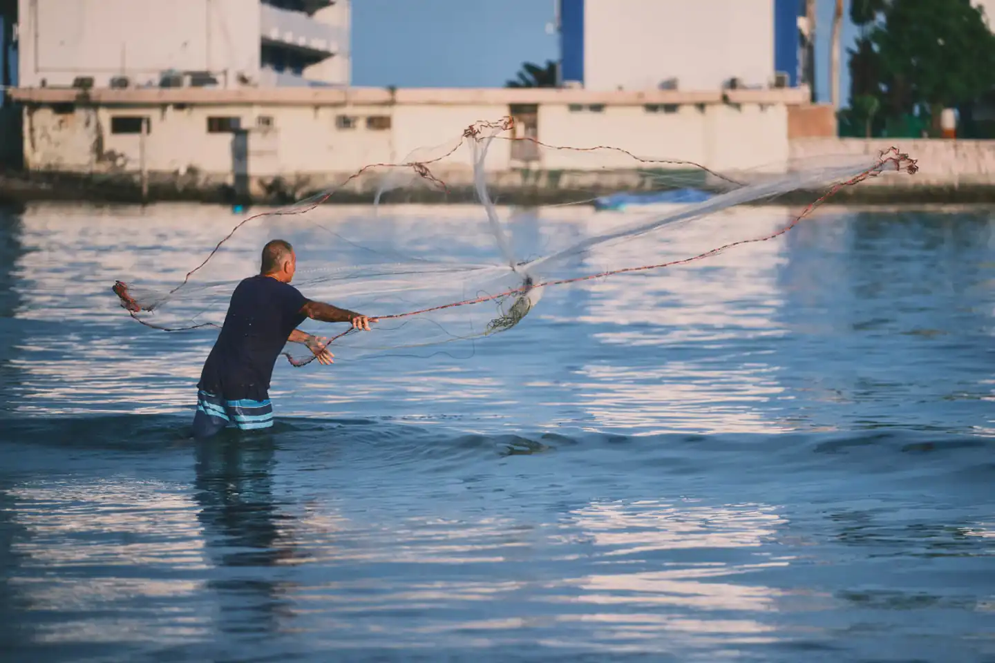Pescador lanzando su atarraya en las aguas de Mazatlán, Sinaloa